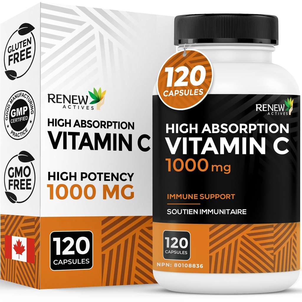 Vitamina C 1000MG per Serving – Antiossidante & Immune Booster per la salute generale, le ossa, i denti e le gengive – Non OGM, senza zucchero, 4 mesi di alimentazione – Made in Canada – 120 capsule