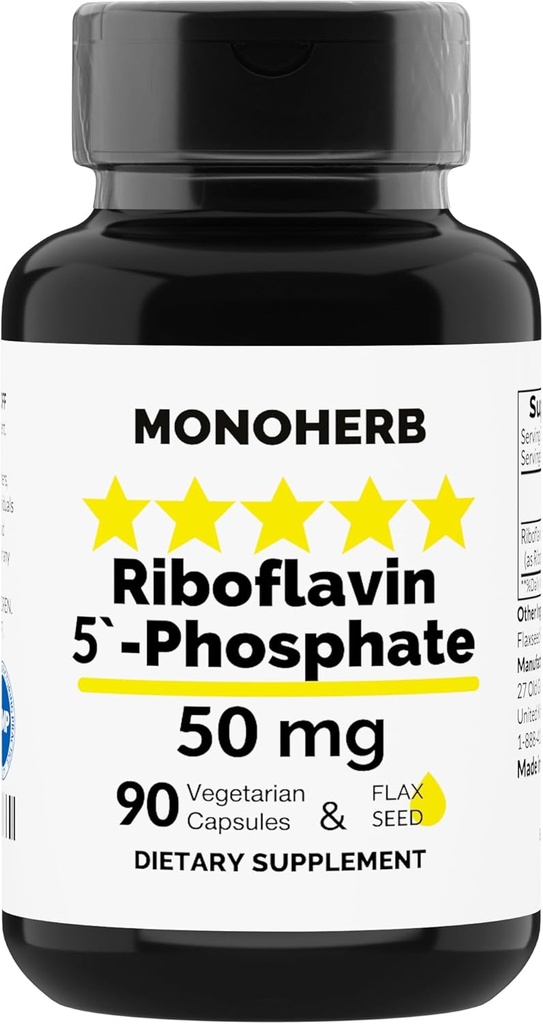 MONOHERB Riboflavin 5'-Phosphate 50 mg - 90 capsule vegetariane - Bioattiva Vitamina B2 - Made in Italy