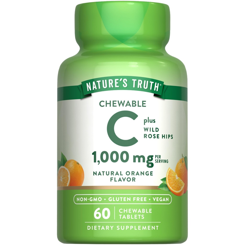 Vitamina C masticabile della natura con rosa | 1000 mg | 60 compresse | Vegan, Non OGM & Gluten Supplemento gratuito