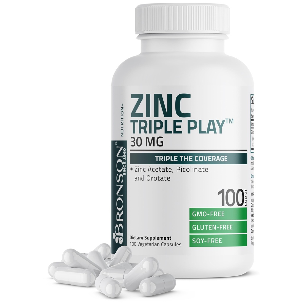 Bronson Zinc Triple Play 30 mg Triple Coverage Supporto immunitario con Acetato di zinco, Picolinate & Orotate - Immune, Antiossidante & Skin Health Support - 100 capsule vegetariane