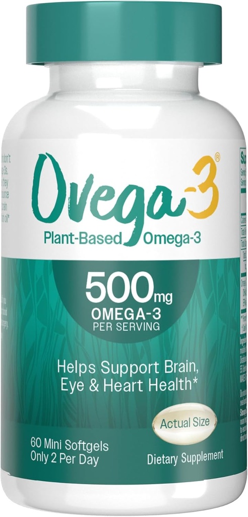 OVEGA-3 Plant-Based Omega-3 da Algal Oil Daily Supplement, 500mg, Supporta il cervello, Occhio e salute del cuore, Due mini softgel al giorno, 60 Conte