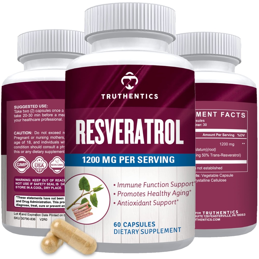 Integratore di resveratrolo di TRUTHENTICS 1200mg - Capsule di nodo giapponesi - Integratori nutrizionali ad alta potenza Trans Resveratrolo per l'invecchiamento sano, pelle vibrante e salute immunitaria - 60 capsule vegane