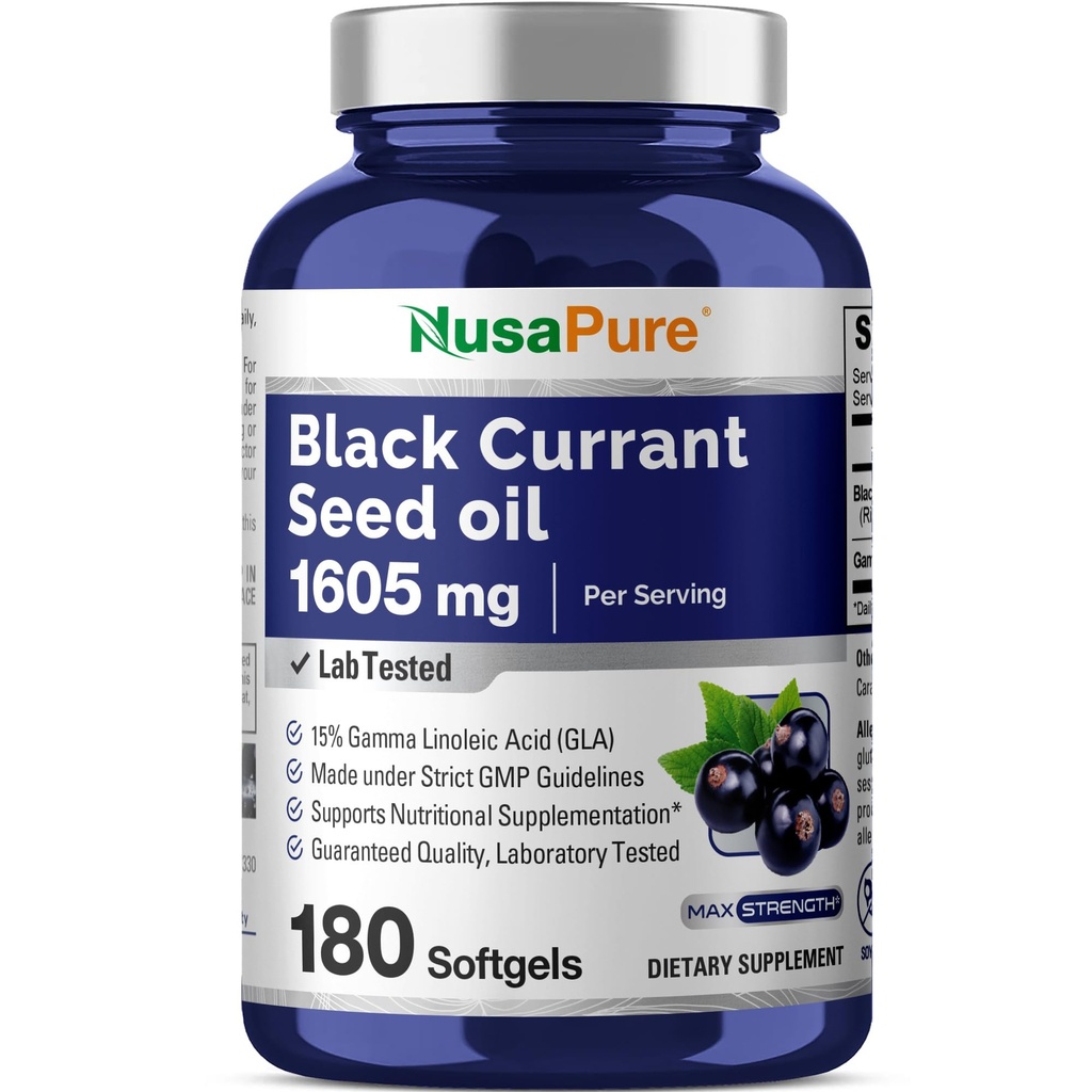 NusaPure Black Currant Seed Oil 1605 mg Gamma Linoleic Acid (GLA) 15% 180 Softgels (Non OGM, Soyfree)