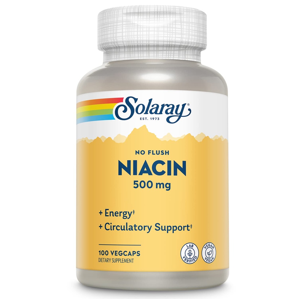 SOLARAY No Flush Niacin 500mg, Vitamina senza fluido B3 Niacin, Energy and Circulatory System Support, Vegan, Lab Verificato, 60-Day Money-Back Guarantee, 100 Serve, 100 VegCaps
