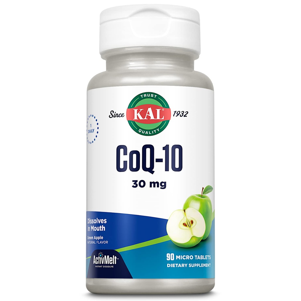 KAL CoQ10 30mg, Antiossidante Formula, Coenzima Q10 Supplemento per la salute del cuore e l'energia cellulare Supporto, Fast-Dissolving ActivMelts, Vegetariano, Natural Green Apple Flavor, 90 Serv, 90 Micro Tablets