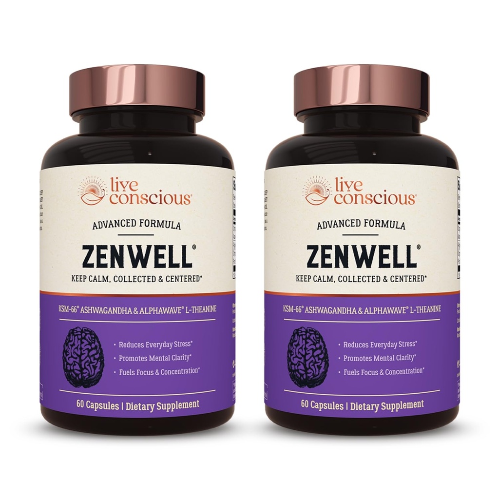 Live Conscious KSM-66 Ashwagandha Supplemento w/L Theanine & AlphaWave - ZenWell Everyday Stress sollievo, cognitivo, salute del cervello - Ashwagandha per gli uomini e le donne - 60 capsule (2-Pack)