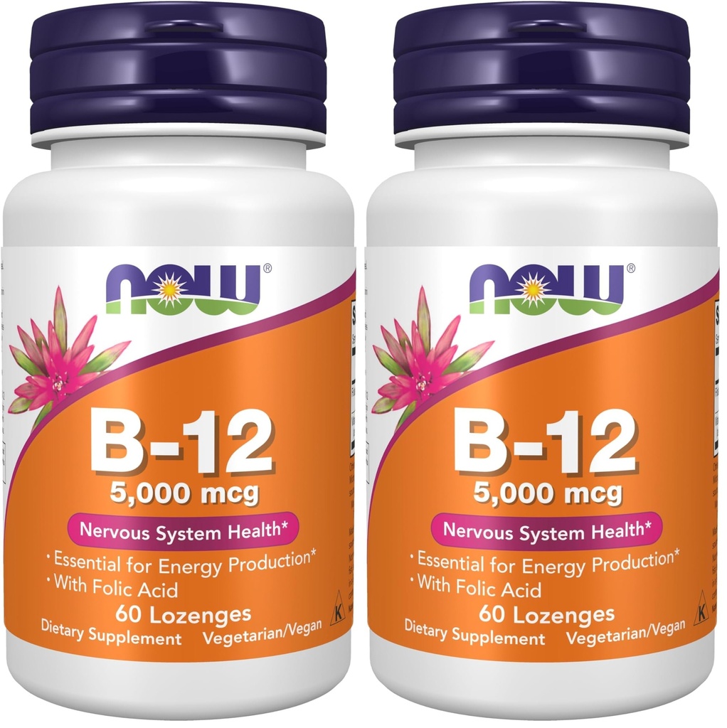 NOW Supplementi, vitamina B-12 5000 mcg, con acido folico, salute del sistema nervoso*, 60 Lozenges (pacchetto di 2)
