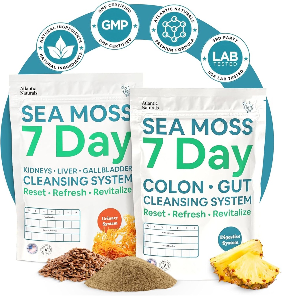 Atlantic Naturals Sea Moss 7-Day Full Body Cleanse Detox Bundle, Colon Cleanse Powder with Psyllium Husk Senna Powder & Organic Sea Moss Powder Kidney, Liver, Gallbladder, Ananas Flavor Drink Mix