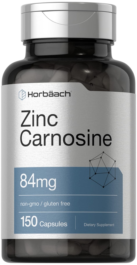 Horbäach Zinc Carnosine Supplemento | 84mg per Capsule | 150 Count | Non OGM & Gluten Free