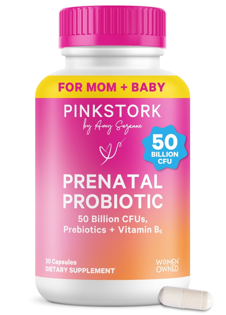 Probiotici prenatali di cicogna rosa per le donne - 50 miliardi di CFU, vitamina B6, Prebiotici, Malattia di mattina, Microbiome di fegato, Probiotico di gravidanza, Supporto immunitario, La gravidanza deve avere - 30 capsule