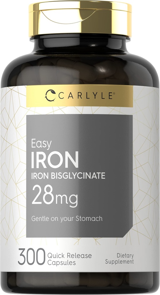 Carlyle Easy Iron Supplement per le donne e gli uomini | 28mg | 300 Capsule | come Ferrous Bisglycinate | Non-GMO e Gluten Free
