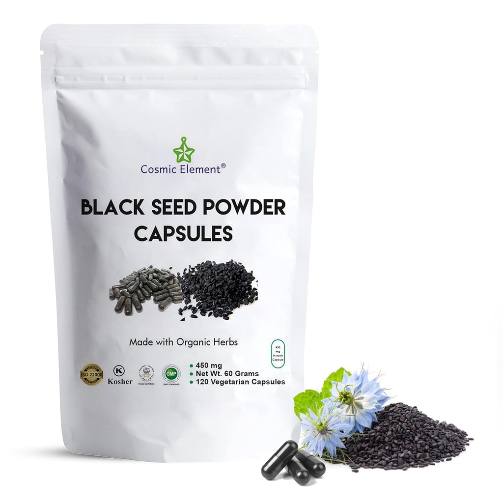Cosmic Element 100% Pure Black Seed Powder Capsule Organic - Vegan Nigella Sativa 450mg Black Cumin Seeds per Serving for Health - 120 Capsule