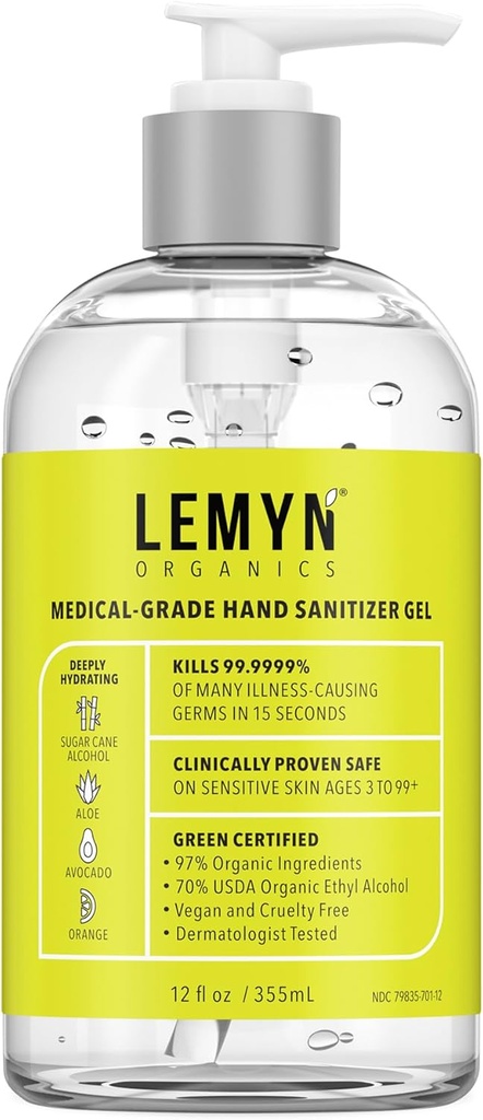 Sanitizzatore Medico-Grade – 97 % Organico | 70 % USP Ethyl Alcohol | Aloe idratante + Acido Ialuronico | appena fatto negli Stati Uniti | 12oz Bottiglia con pompa