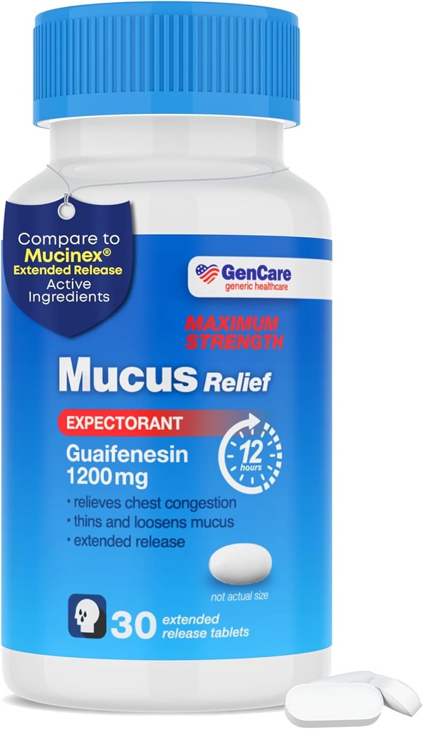 Rilievo del muco di GenCare 1200 mg Massima resistenza (30 Conte) 1200mg Guaifenesin Compresse di rilascio prolungato – Prospetto per il sollievo della congestione del petto per gli adulti – Rispetto alla resistenza massima 12 ore
