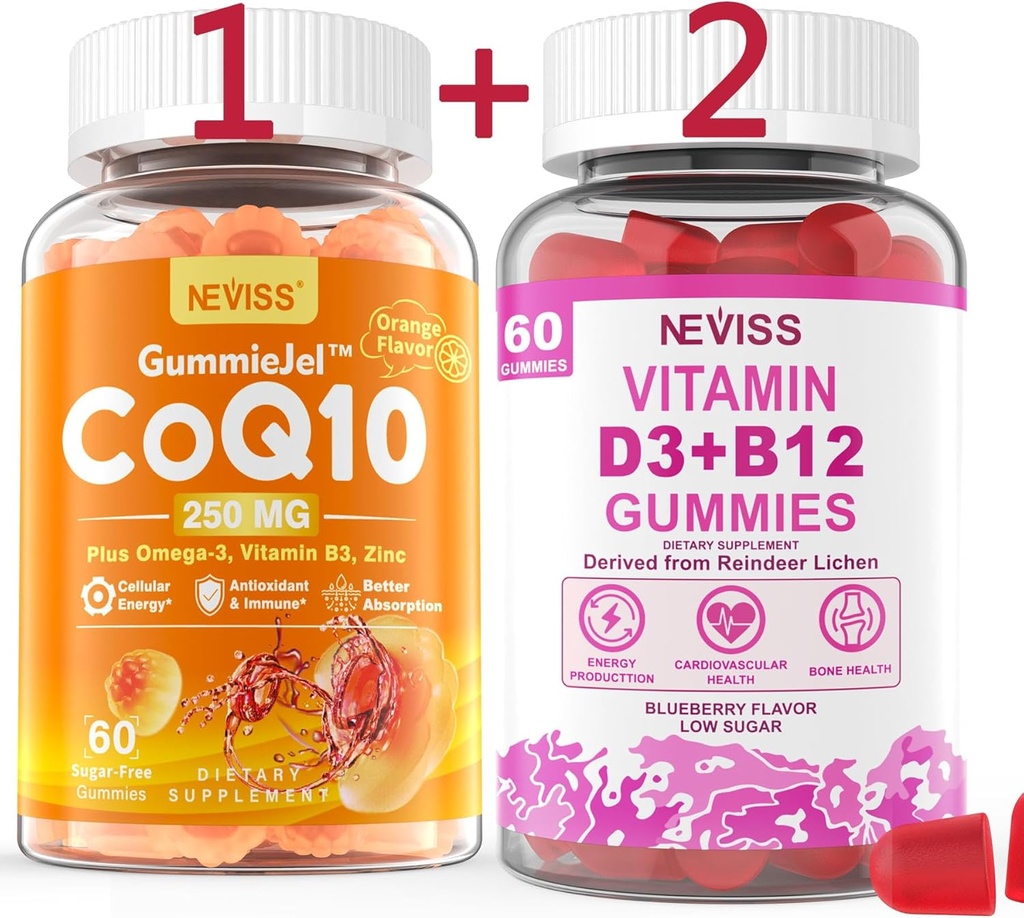 NEVISS Zucchero-Free CoQ10-250mg Filled Gummies, 60Cts + Vegan Vitamin D3 5000IU & Methyl B12 1000mcg Gummies, 120Cts