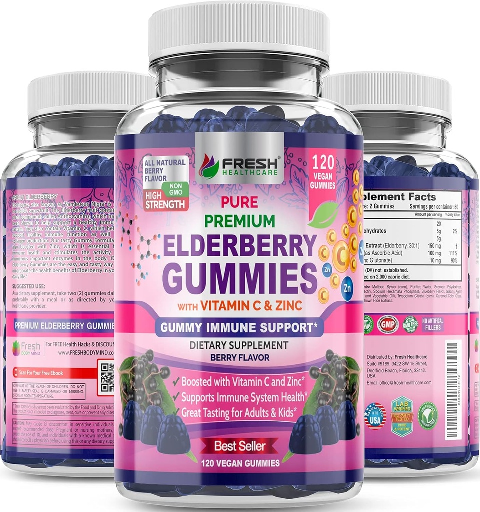 FRESH HEALTHCARE Elderberry Gummies con vitamina C, Zinc & Sambucus Elderberry 30:1 Extract - 100% Vegan - Supporto immunitario per adulti e bambini - 120 Count Gummy Supplement