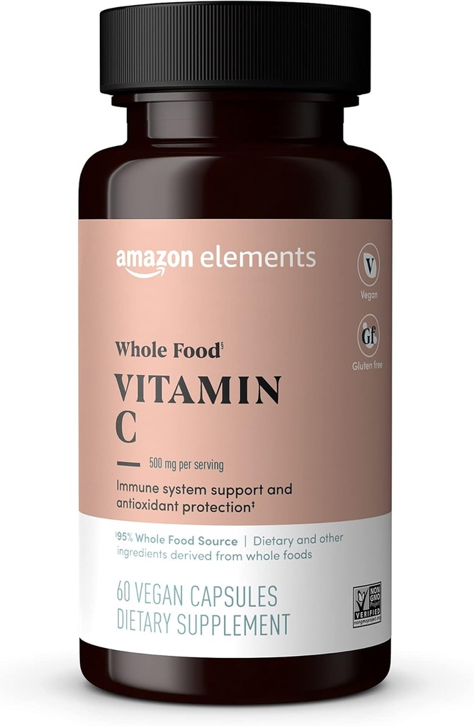 Elementi - Vitamina C Intera Alimentare, 95% Tutta la Fonte Alimentare, Dietetica e altri ingredienti derivati da cibi integrali, ingredienti non OGM verificati, vegan certificati e senza glutine, 60 capsule