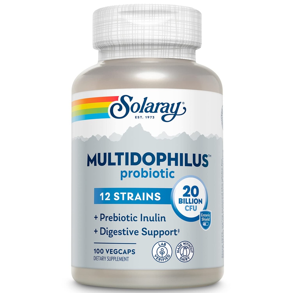 SOLARAY Multidophilus 12 Strain Probiotic 20 miliardi di CFU, Probiotici per la salute digestiva e il supporto per la salute del fegato, Inulina prebiotica, Nessuna latteria, 50 Serv, 100 VegCaps