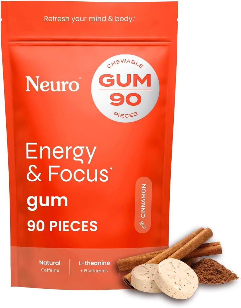 NeuroGum Energy & Focus Gum (Cinnamon, 90 pezzi) | Caffeina naturale 40 mg + L-teanina + vitamina B12 & B6 + Xylitol | Supplemento di prestazioni del cervello cognitivo senza zucchero