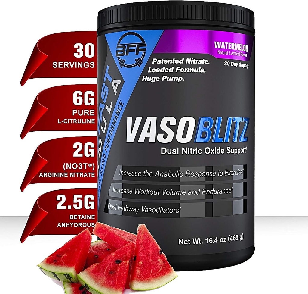 Premio VASOBLITZ che vince il doppio ossido nitrico pre allenamento con NO3T Arginina Nitrato, L-citrullina, Betaina anidra,Lattato di calcio,Caffeina Free per l'endurance muscolare (30 Serving) (Watermelon)