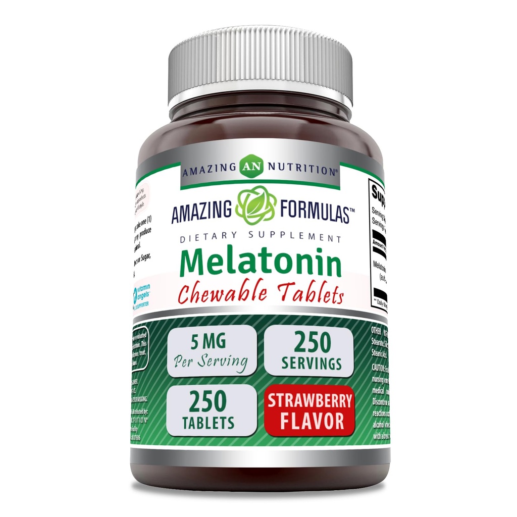 Incredibile Formulas Melatonin Chewable Supplement | 5 Mg Per Serving | 250 compresse | Non-GMO | Gluten-Free | Made in USA (Strawberry)