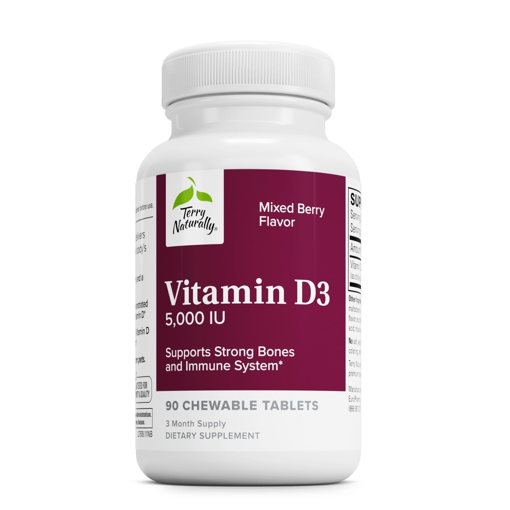 Terry Naturally Vitamin D3 - Bone Health & Bone Strength Supplement - Integratore alimentare per il sistema immunitario e il supporto cerebrale - 5.000 compresse di vitamina D con aroma di bacche miste - 90 compresse masticabili