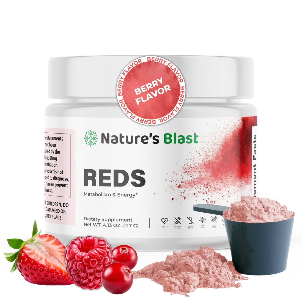 Reds - Metabolismo e Superfood Energy Polvere con 23 Frutti Rossi, 4 Adaptogeni, Probiotici & Enzimi - Vegan Antiossidante Blend, 1 Bottiglia