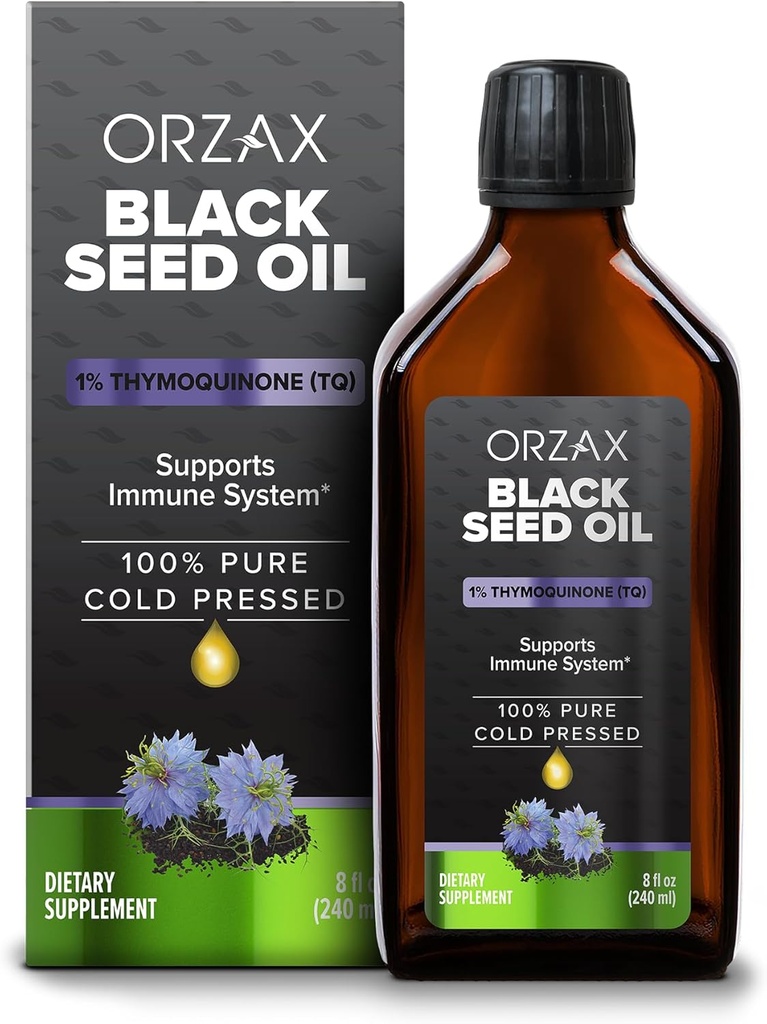 ORZAX Black Seed Oil Liquid (8 fl oz) - Pressato a freddo 100% Pure | Vegan, Gluten Free, Non OGM | 5000mg Black Cumin (Nigella Sativa) Olio con 50 mg Thymoquinone | Ricco in Omega 3-6-9 | Bottiglia di vetro