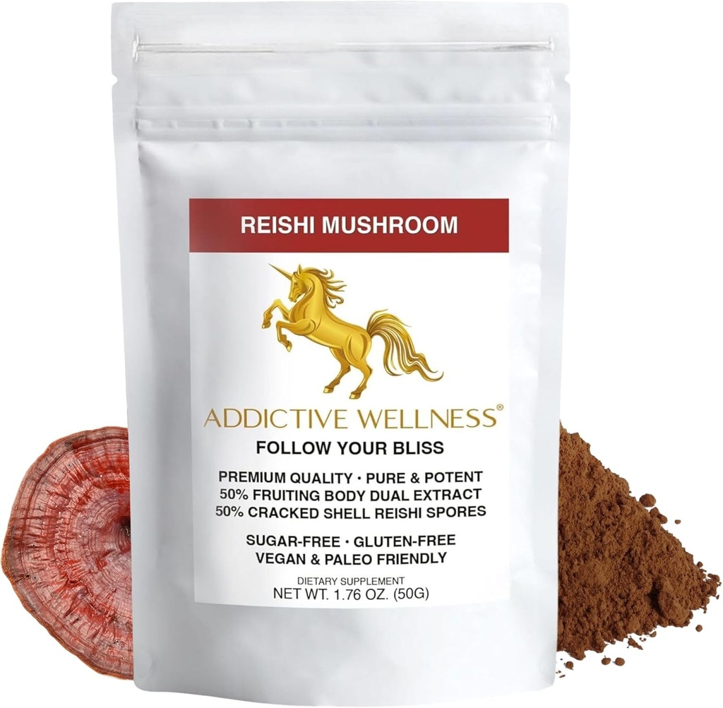 Addictive Wellness Reishi Mushroom Extract Powder + Spores (50/50 Blend) Legno coltivato puro e potente Ganoderma Wildcrafted 50g (1.76 oz)