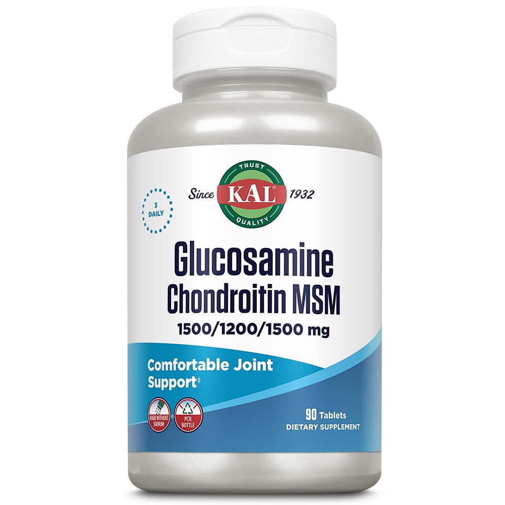 KAL Glucosamine Chondroitin MSM, supplemento di supporto congiunto per le donne e gli uomini, 1500mg Glucosamine Sulfate, 1200mg Chondroitin, 1500mg MSM, Rapid Disintegrazione, 60-Giorni di garanzia, 30 Servings, 90 compresse