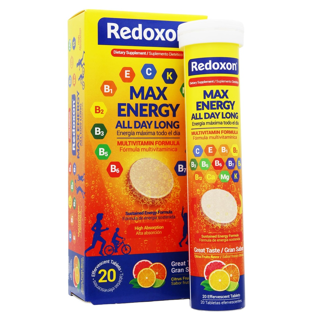 Redoxon Max Energy, aiuta il sistema immunitario, Citrus Flavor, 20 compresse effervescenti, 2.82 Oz, Box