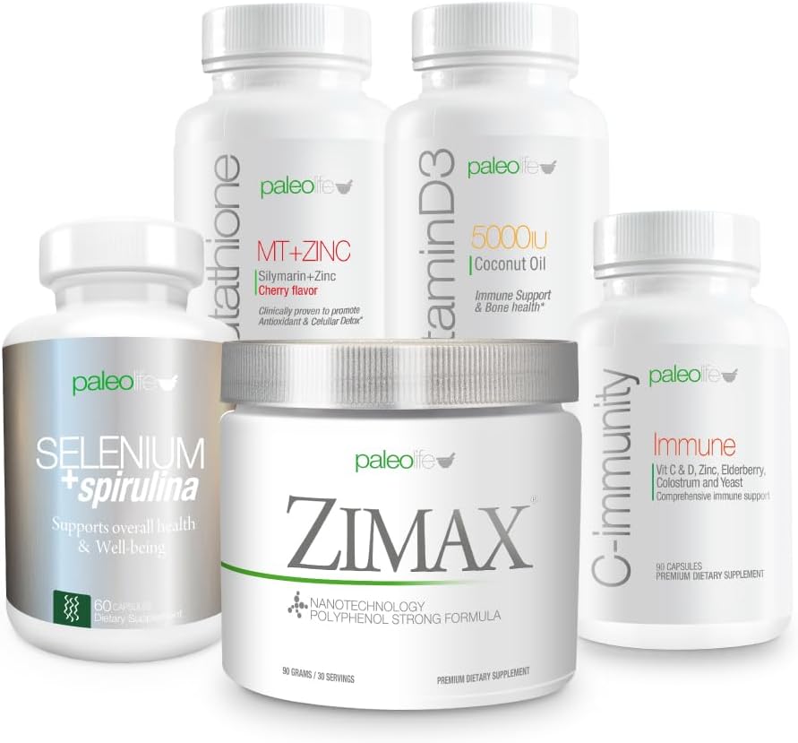 Kit di valore massimo della difesa Premium: questo kit di 5 supplementi e vitamine Premium Include: Zimax, Selenium + Spirulina, Glutathione MT + Zinc, Vitamina D3, e C-Imm.