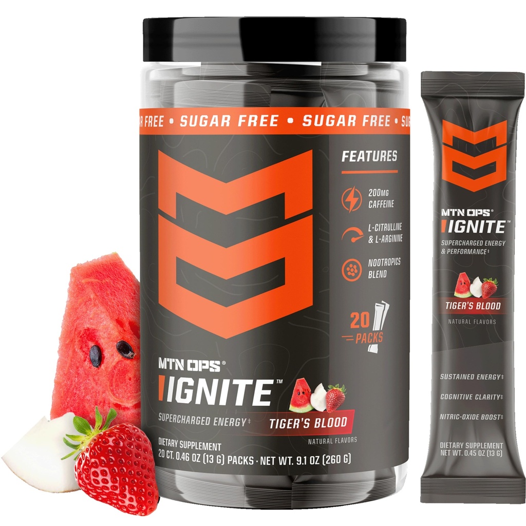 MTN OPS Ignite Trail Packs Energy Drink Powder, Gluten Free Nootropic Supplement Drink Mix, L Arginina, L Citrulline, Caffeina & Nootropic Sugar Free Drink Mix, 20 Serve, Sangue di Tigre