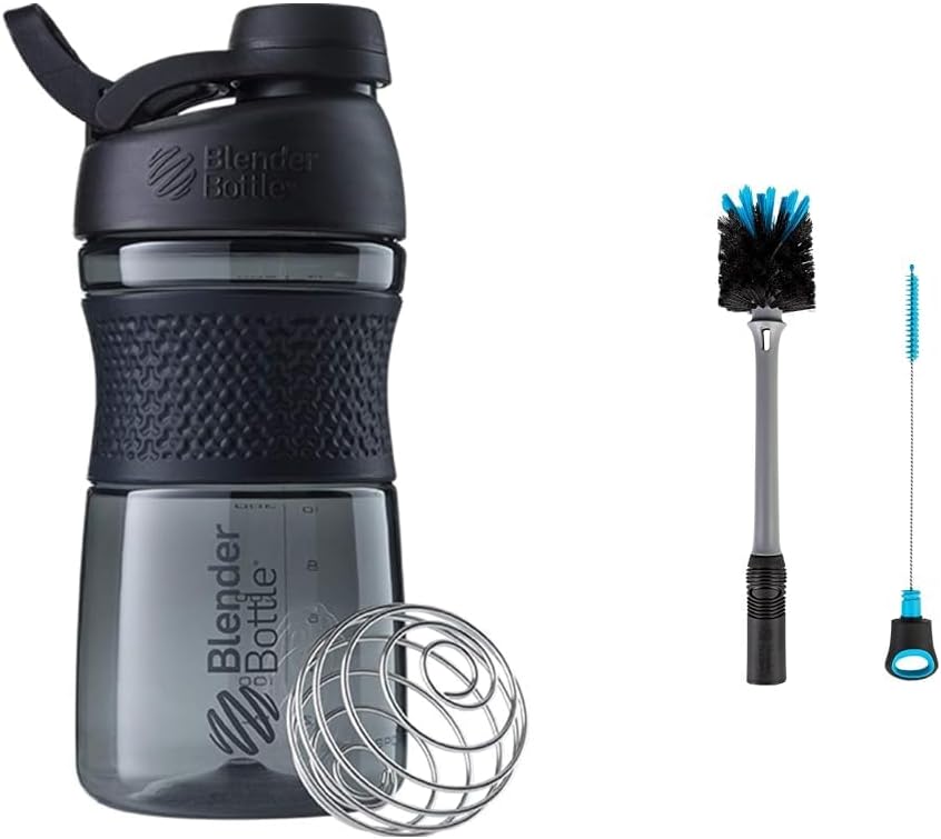 BlenderBottle SportMixer Shaker Bottiglia Perfetta per Proteine Shaker e Pre Workout, 20-Ounce, Nero & 2-in-1 Shaker Bottiglia e Spazzola per la pulizia dello straw, 1 confezione, grigio