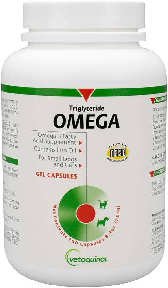 Vetoquinol Triglyceride Omega 3 supplemento per cani e gatti, Fish Oil Supplement con EPA e DHA, promuove pelle, cappotto, giunto e salute immunitaria, Omega 3 Fish Oil per cani e gatti fino a 30lbs, 250ct