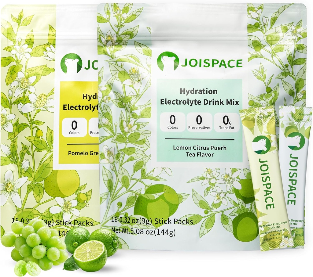 JOISPACE Electrolyte Drink Mix con Tea Polyphenols | Fast Hydration & Electrolytes Boost | Non-GMO, Vegan, Gluten-Free | Pomelo Tea & Lemon Lime Tea, 32 Serve