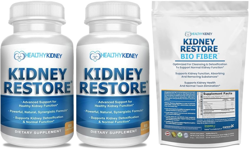 Pulire il rene e la salute del rene supplemento per sostenere la funzione normale del rene 60 caps-2 Pack + Bio Fiber, Detox e riparazione della pulizia del rene - supporto renale e supplemento del rene 2.5 LBS