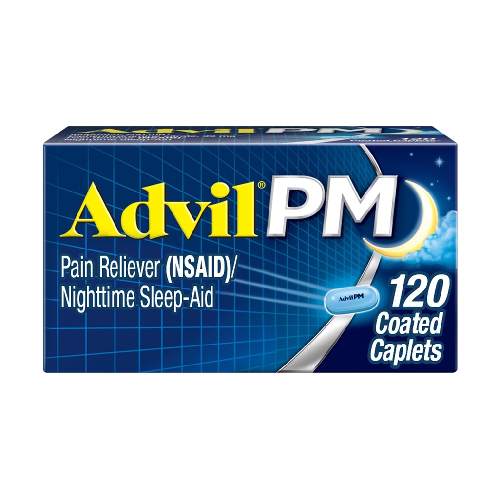 Advil PM Pain Reliever e Nighttime Sleep Aid, Medicina del dolore con Ibuprofene per il sollievo del dolore e il citrato di difenidramina per un aiuto al sonno - 120 Caplets ricoperti