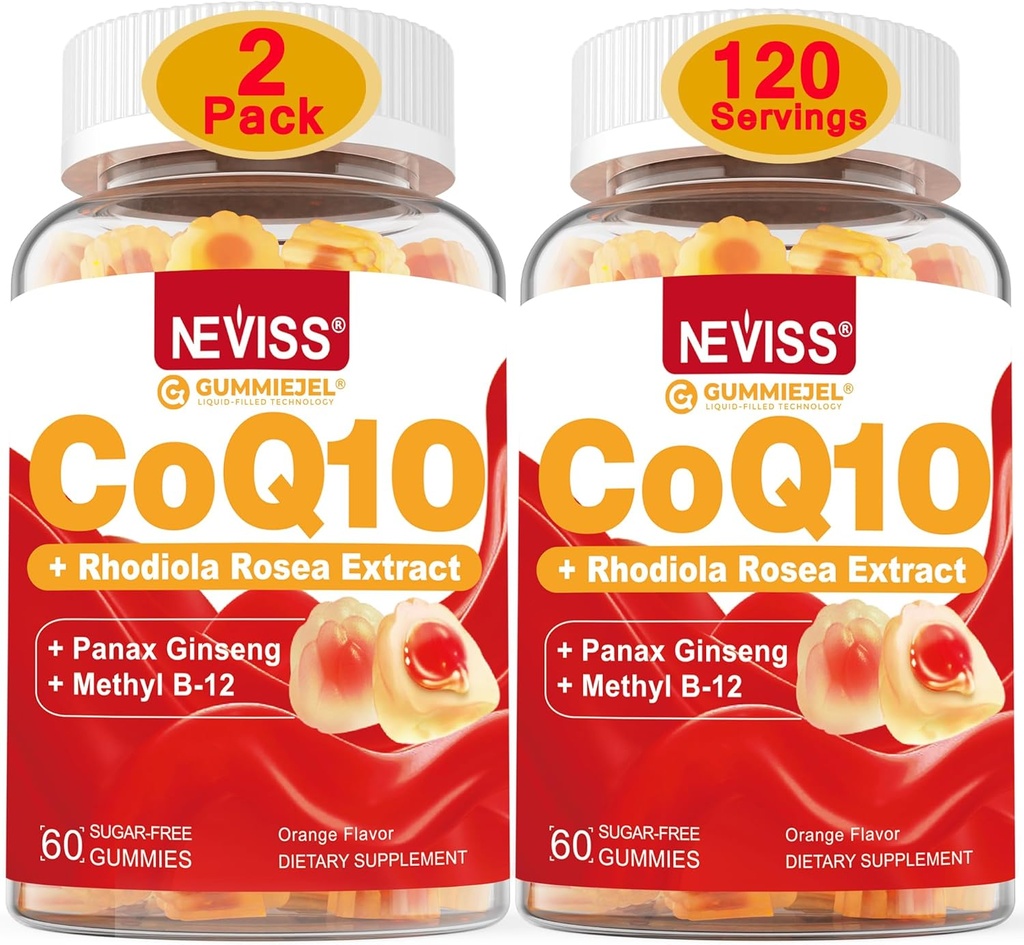 NEVISS Zucchero CoQ10 Gummie riempite con vitamina B12 1000mcg, Rhodiola Rosea e Panax Ginseng Extract, Vitamina B6, Coenzyme Q10 Supplemento, 2 Pack