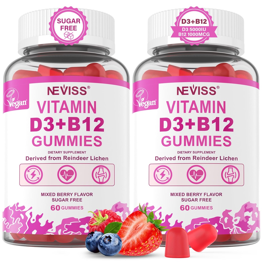 NEVISS 2Pack Vegan Vitamin D3 + Vitamina B12 Gummies, Alta potenza D3 5000IU & 1000 mcg Methylated B12, Vitamina D3 e B12 per adulti, Support Bone Salute, Immune & Energy Supplement, 120 Conte