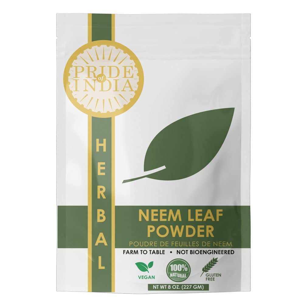 Pride Of India | Natural Neem/Margosa Herb Powder 8 oz (227 gm) | Nutrient-Rich Superfood | Aggiungilo a Smoothies, Succhi & Dips | Bitter, Earthy & Astringent Taste | 100% Natural Vegan, Gluten-Free