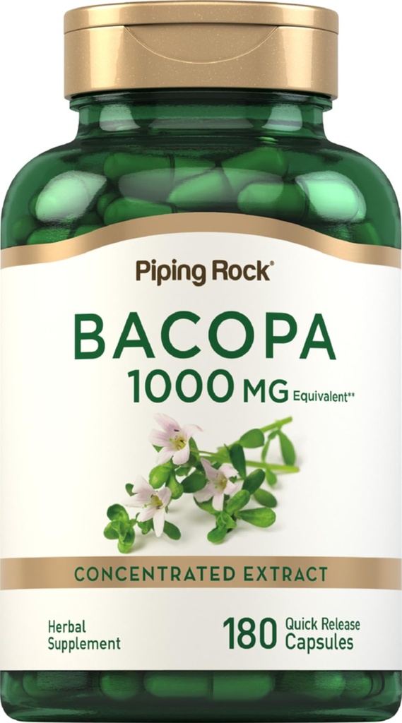 Piping Rock Bacopa Monnieri Supplemento 1000mg | 180 capsule | Estratto di erbe |Non-GMO & Gluten Free