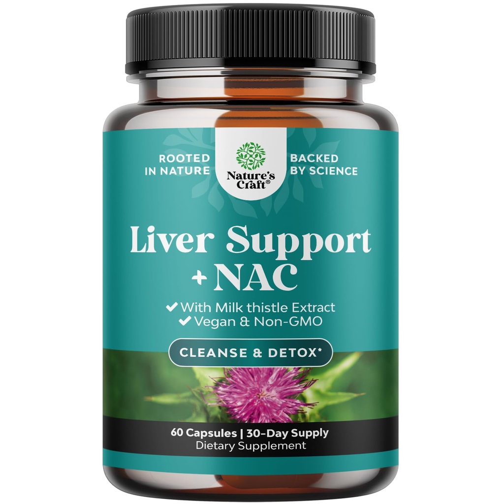 Supporto per fegato NAC Supplemento con cardo al latte per la pulizia del fegato Detox & Repair - N Acetyl Cysteine Supplement per la pulizia del fegato con curcuma, colina, dadelion & L-Glutathione - 60 Conte