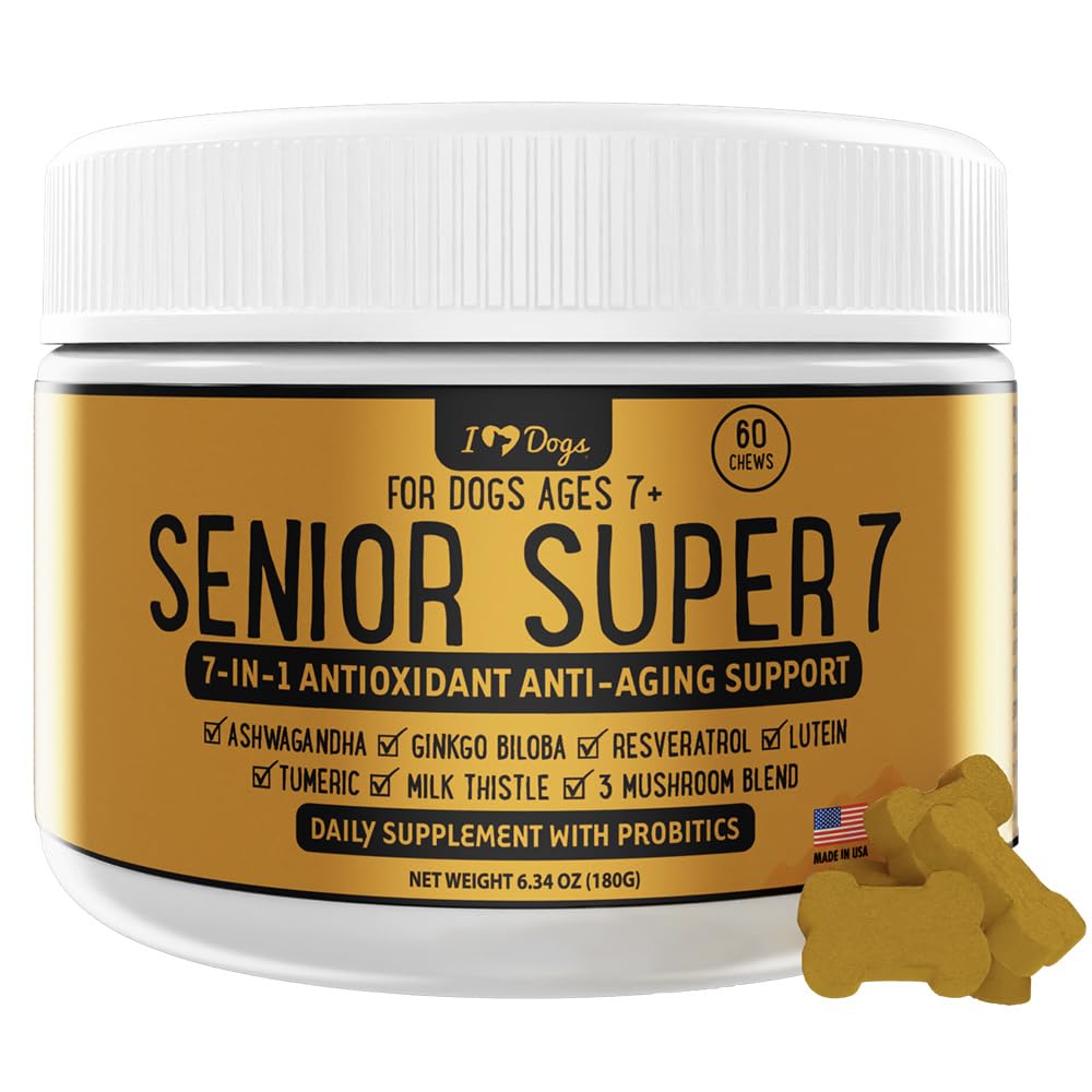 iHeartDogs Senior Super 7 Daily Dog Multivitamin - 7-in-1 Vitamina per cani Supporta l'antiinvecchiamento con antiossidanti, probiotici, Lion's Mane, Turchia Tail, & Ashwagandha per la longevità & Cognitive Boost