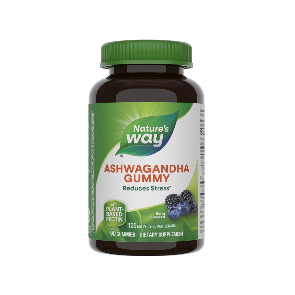 Via della natura Ashwagandha Gummies, Ridurre lo stress con erba adaptogenica*, 125 mg Per 2-gummy Serving, Aroma di bacche, 90 Gummies (Packaging May Vary)