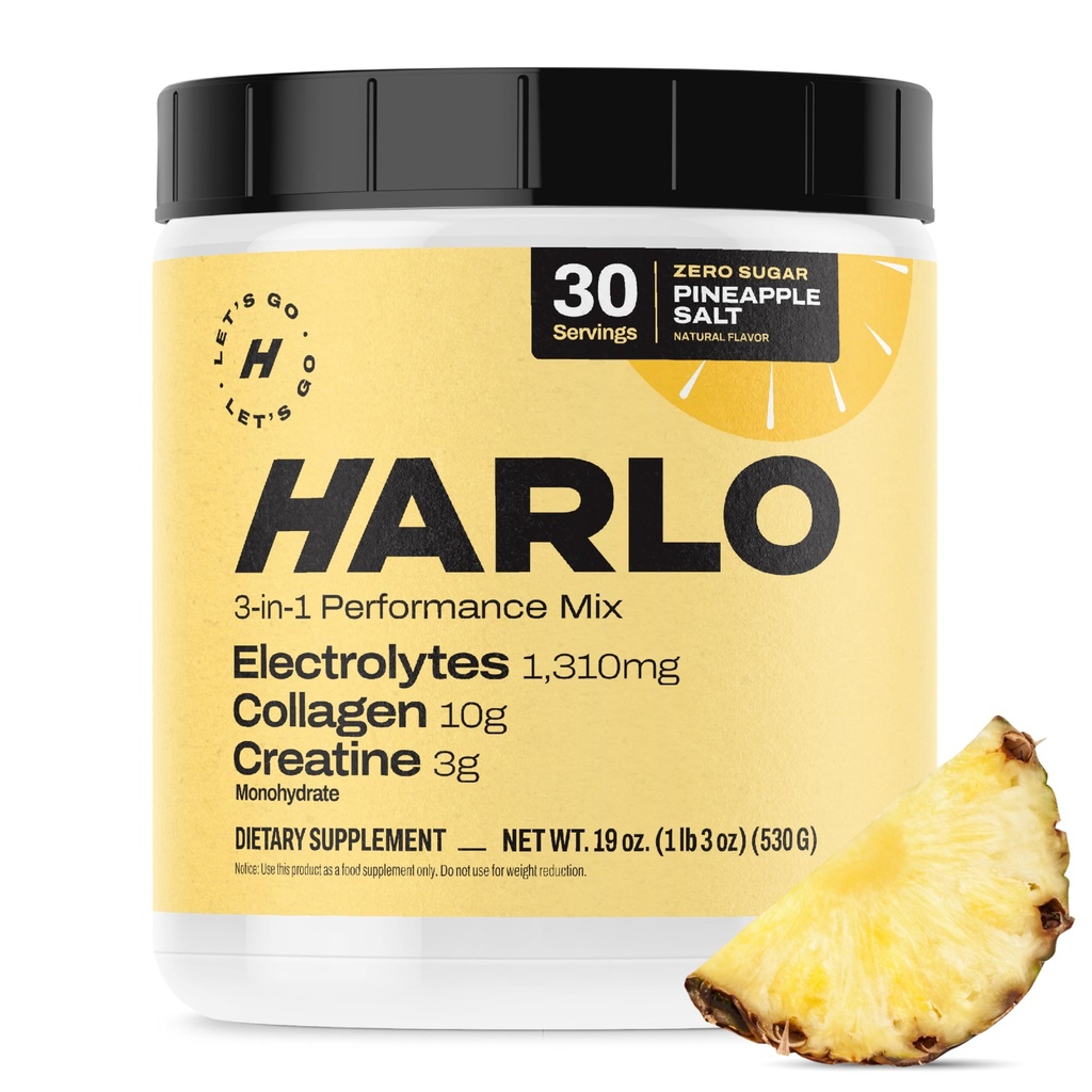 Harlo - Collagen & Creatine Electrolyte Drink Mix – Sapore di sale ananas – Polvere di preparazione e post allenamento – Supporta pelle, articolazioni e recupero muscolare – Boost di energia senza zucchero