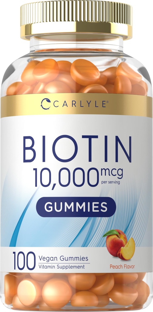 Carlyle Biotin 10000mcg Gummies | 100 Count | Peach Flavor Supplement | Vegan, Non OGM, Gluten Free