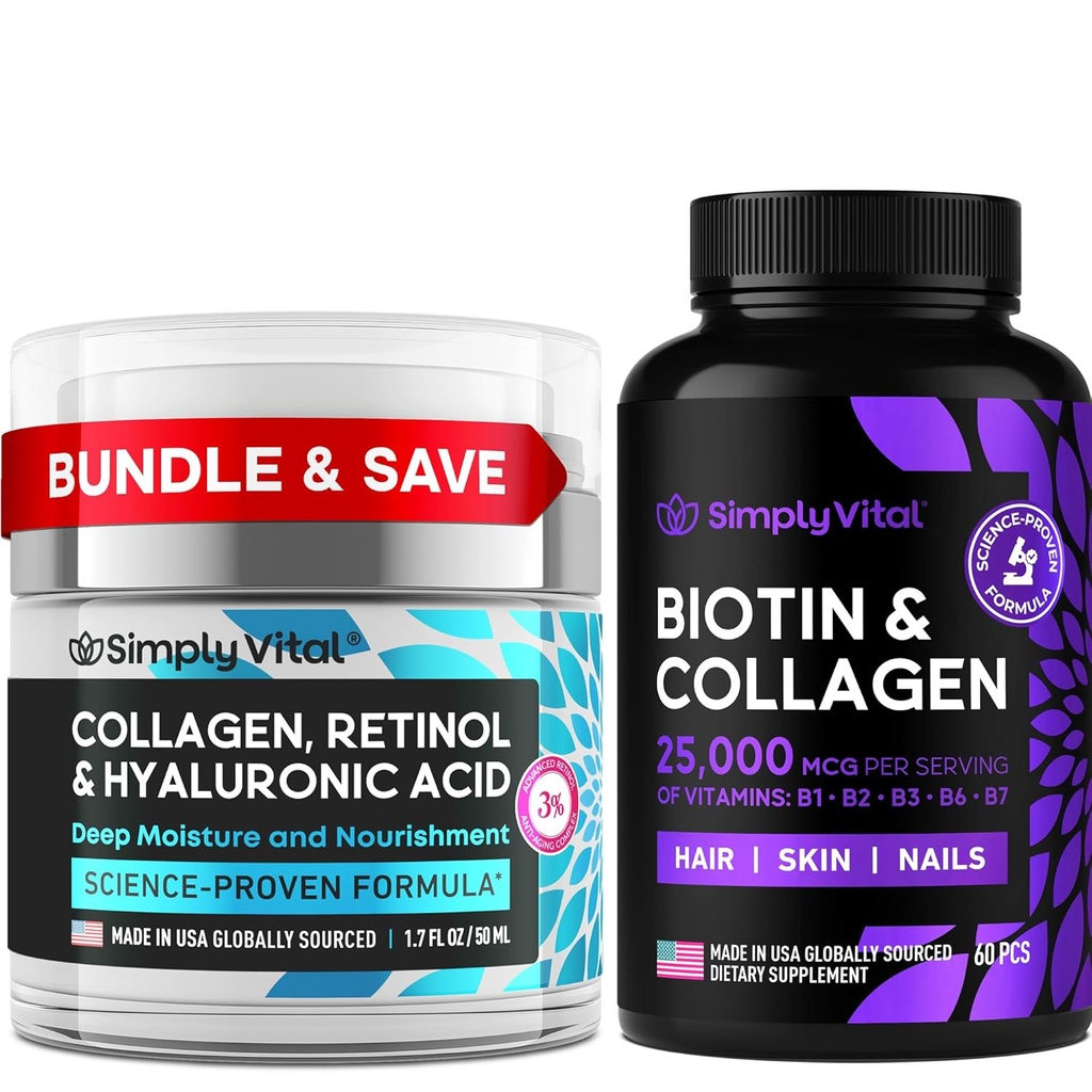 Biotina Semplice, Collagen & Retinol Bundle – 5000mcg Biotina per Capelli, Pelle & Unghie + Crema Anti-Aging Retinol & Acido Ialuronico per Faccia, Neck & Décolleté – Made in USA