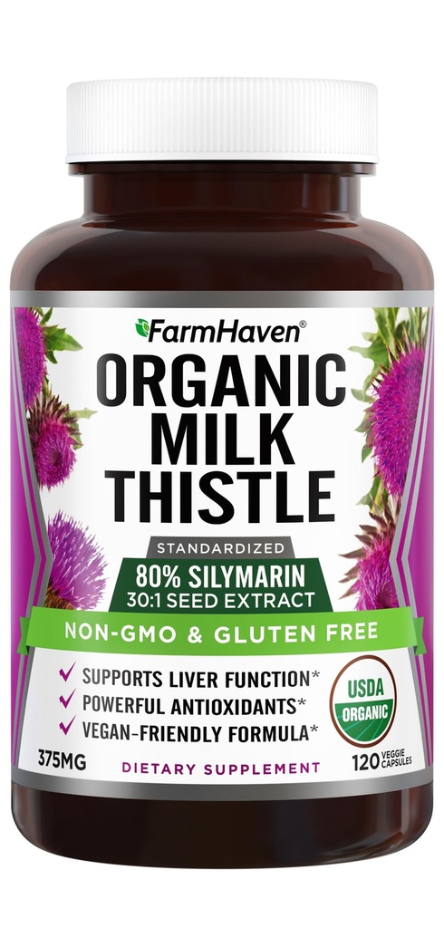 FarmHaven USDA Organic Milk Thistle Capsule | 30X Concentrated Seed Extract & 80% Silymarin Standardized - Supporta la funzione del fegato e la salute generale | Non OGM | 120 capsule vegane