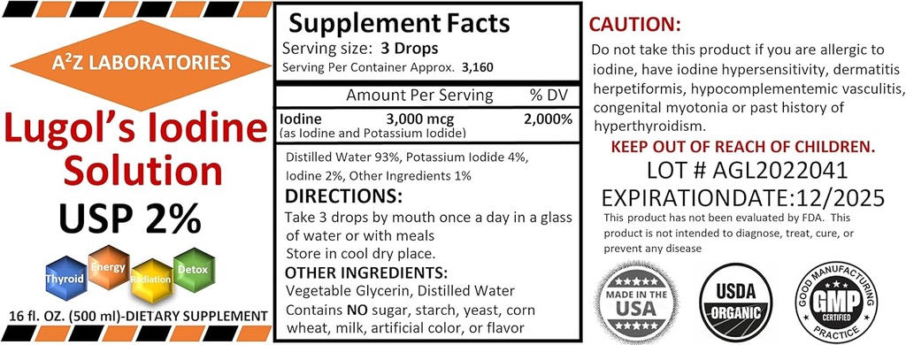 A2Z Organic Lugol's Iodine e Potassium Iodide 2% Soluzione 3000 mcg - Supplemento liquido Gocce per il supporto tiroide per le donne e gli uomini, Metabolismo Salute, Detox Boost -16 Fl Oz/USA/Ships Today! (1)